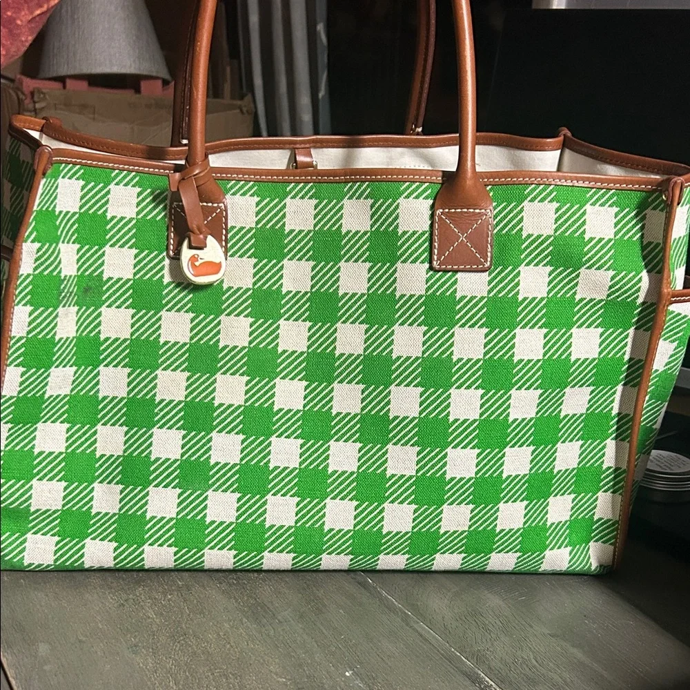 Dooney‎ & Bourke Green Checkered Tote with Brown Accents